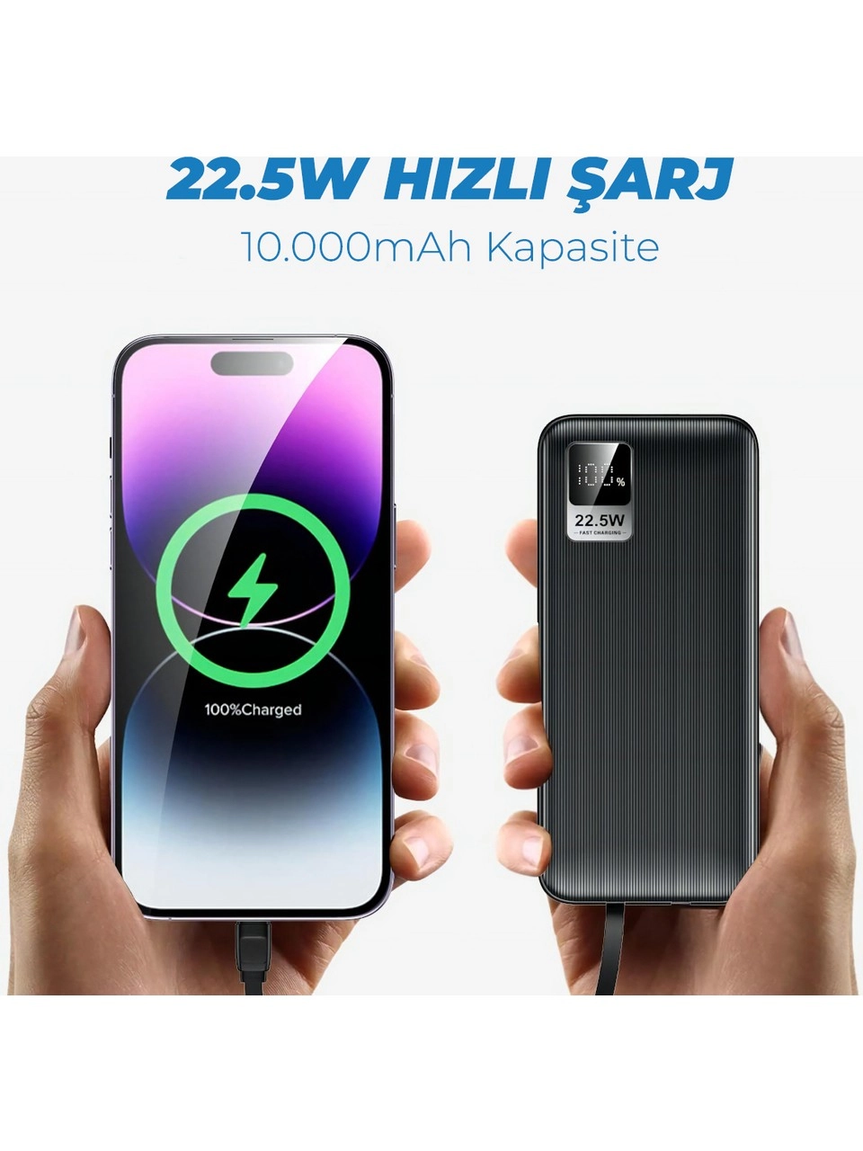 Woyax Type-C ve Lightning iPhone Kablolu 10000mAh Powerbank 22.5W Hızlı Led Ekranlı Taşınabilir Şarj Cihazı
