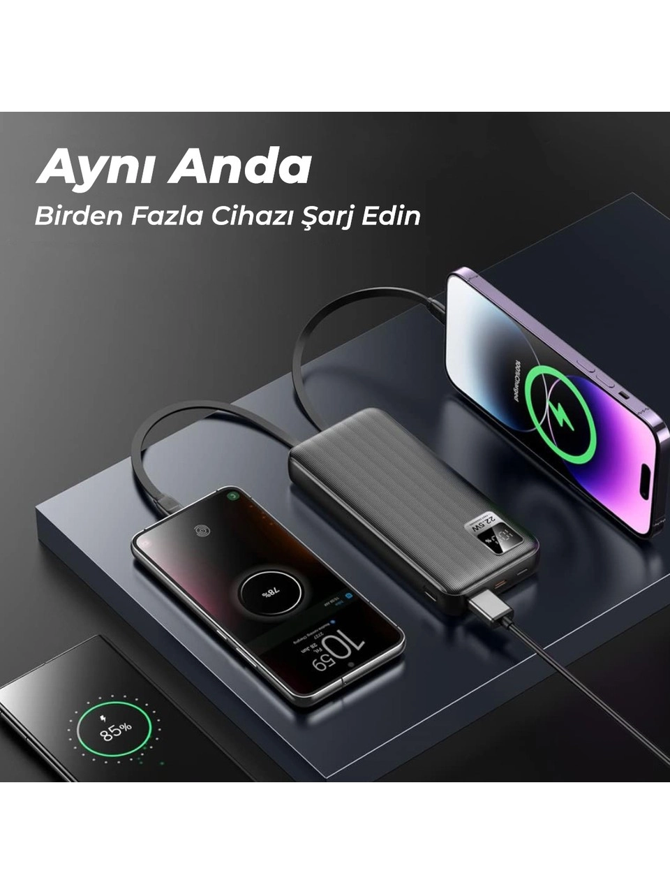 Woyax Type-C ve Lightning iPhone Kablolu 10000mAh Powerbank 22.5W Hızlı Led Ekranlı Taşınabilir Şarj Cihazı