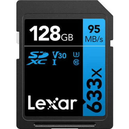 128GB Lexar Professional 633x SDXC UHS-I cards, up to 95MB/s read 45MB/s write C10 V30 U3