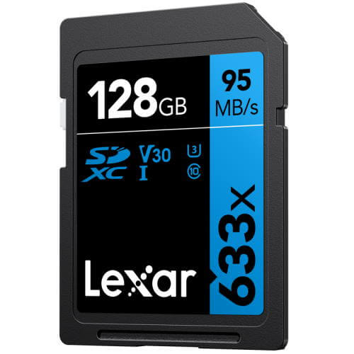 128GB Lexar Professional 633x SDXC UHS-I cards, up to 95MB/s read 45MB/s write C10 V30 U3