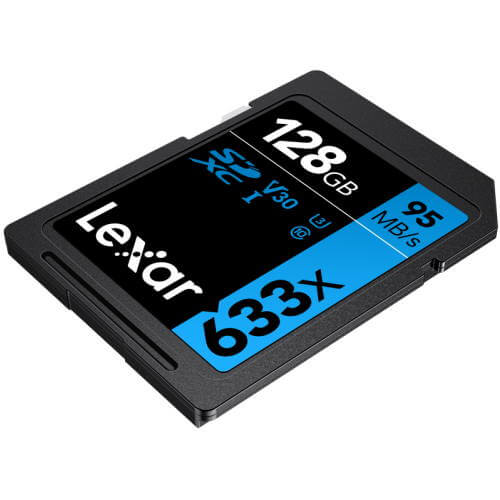 128GB Lexar Professional 633x SDXC UHS-I cards, up to 95MB/s read 45MB/s write C10 V30 U3