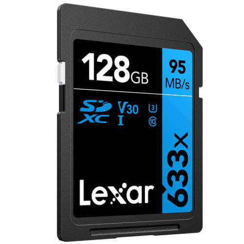 128GB Lexar Professional 633x SDXC UHS-I cards, up to 95MB/s read 45MB/s write C10 V30 U3
