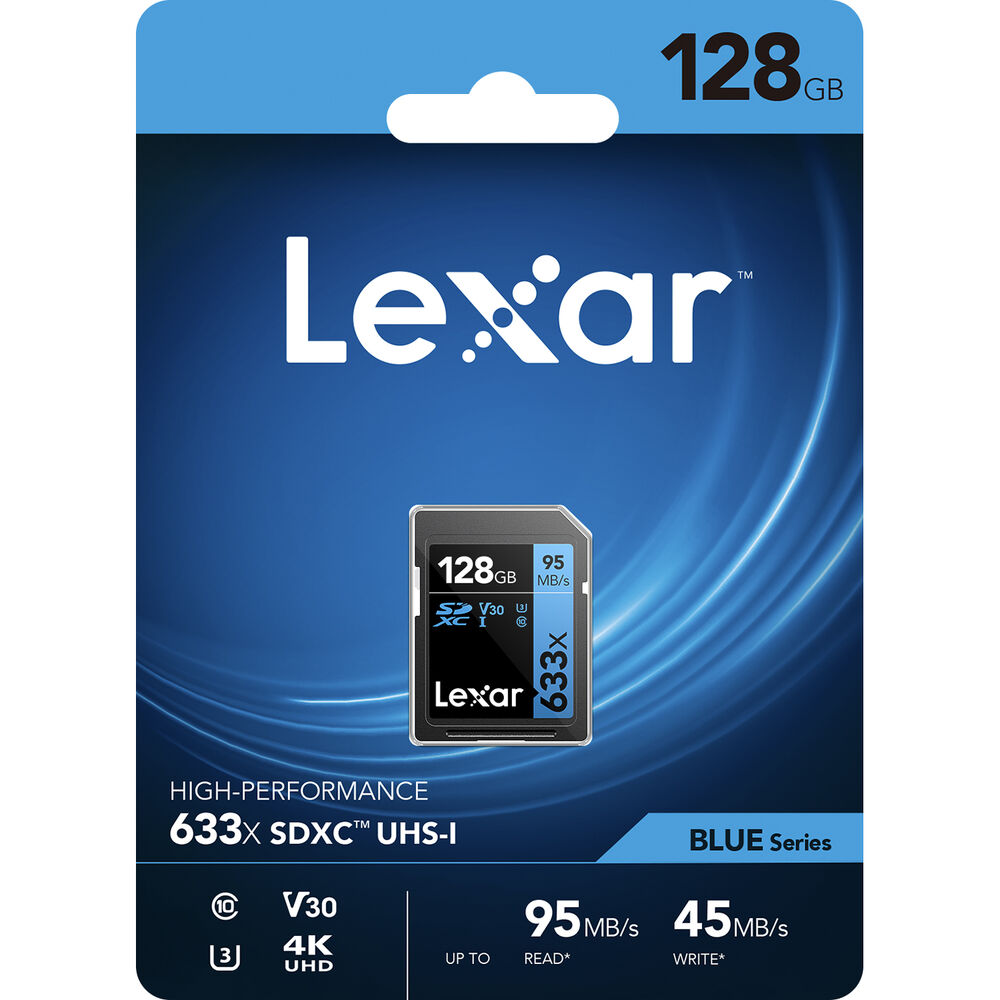 128GB Lexar Professional 633x SDXC UHS-I cards, up to 95MB/s read 45MB/s write C10 V30 U3